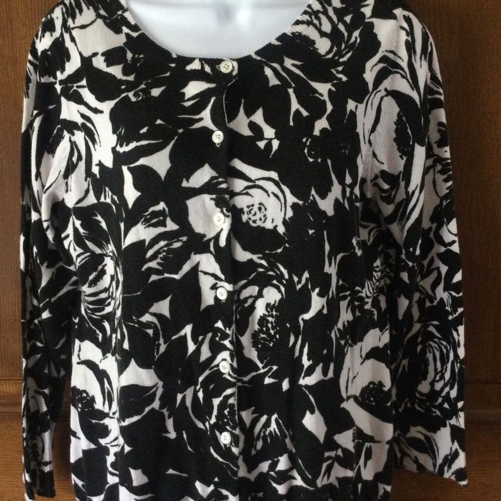 George Black and White Flowered, Size Large, Long Sleeved, Cardigan Sweater